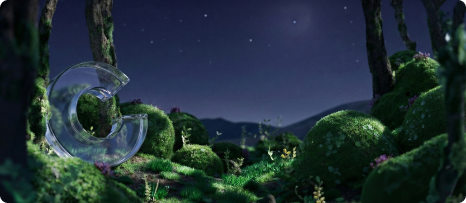 Cohérence glass mark in a mossy nighttime scene